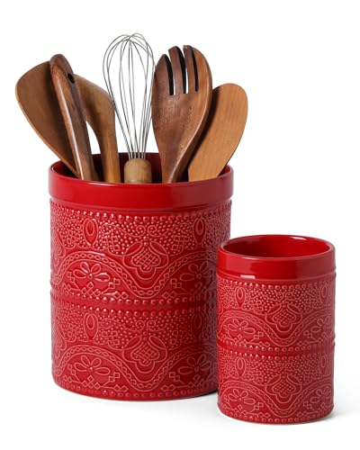 Kitchen Utensil Holder, 7.2+5.5" Super Large Utensil Crock Heavy and Stable Lace Emboss Ceramic Utensil Holder for Kitchen Counter (2Pcs Christmas Red) - color: 2Pcs Christmas Red