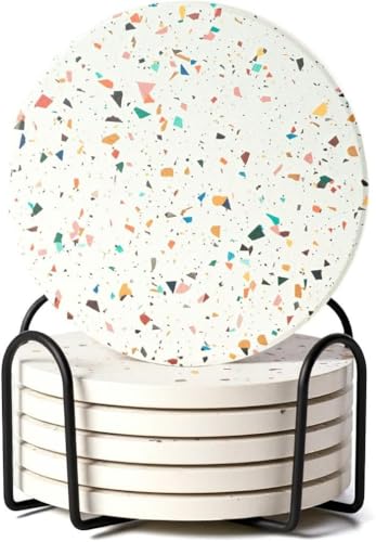 Terrazzo Coasters Set of 6, Colorful Boho Absorbent Ceramic Coasters | Speckled terrazzo drink coasters for coffee table & desk; moisture-absorbing stone, boho home decor, housewarming gift - color: Confetti Black Holder
