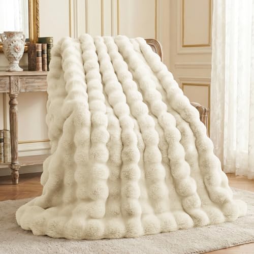 L'AGRATY Faux Rabbit Fur Throw Blanket for Couch, 60'' x 80'' Almond White | Soft Cozy Bubble Fluffy Blanket for Sofa Bed, Thick Warm Plush Fuzzy Throw for Room Home Decor, Luxury Gift for Women Mom - color: Almond White, size: 60" x 80"