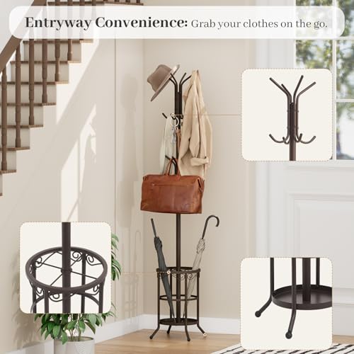 Coat Rack Freestanding With Umbrella Holder – Metal Hall Tree with 12 Hooks, Entryway Organizer for Hats, Bags, and Clothes (Brown) - color: Brown