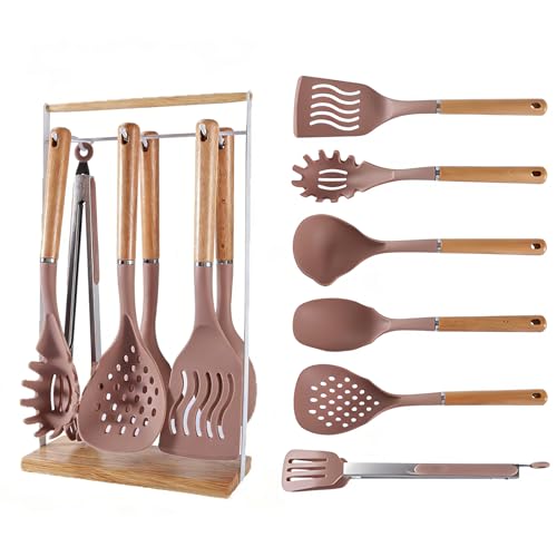 Chef Kitchen Cooking Utensils Set, Heat Resistant Silicone Kitchen Utensils Sets with Storage Rack, 7PCS Gadgets Tools Set with Wooden Handle for Nonstick Cookware,Tongs, Turner, Skimmer (Khaki) - color: Khaki