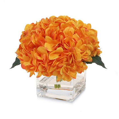 Silk Hydrangea Artificial Flowers in Vase with Faux Water, Silk Flower Arrangements in Vase for Wedding, Dining Table, Living Room (Orange) - color: Orange