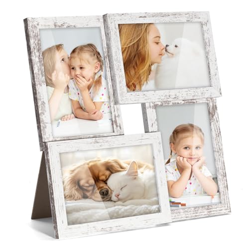 4x6 Collage Picture Frames Rustic White Wall Collage Photo Frame | 4 Opeing, Distressed White Countryside/Farmhouse Style Home Decor, Hanging/Stand on Desk, Ideal Gift for Family/Mother's Day - color: White