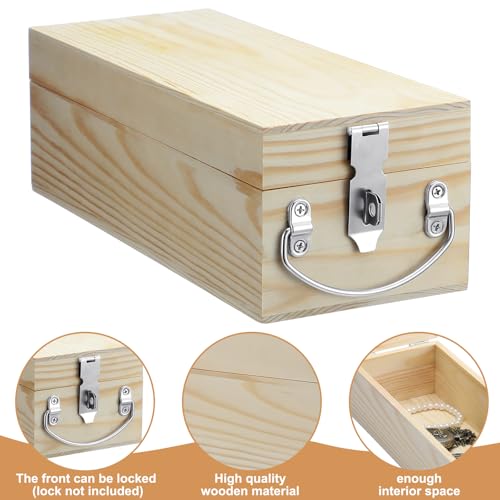 Colingmill Wooden Lockable Storage Box 12''x4.75''x4'' Unfinished Wood Box for Craft Wooden Keepsake Container with Lid Metal Handle for DIY Art Crafts Cash Jewelry Tools Memory Treasure Gifts Weapons