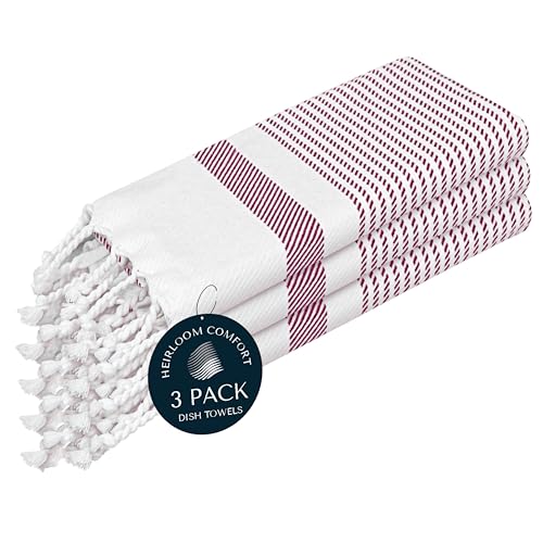 Burgundy Wine Turkish Kitchen Towels 16x26 Inch, 3 Pack, 100% Cotton, Ultra Absorbent, Soft, Fast Dry, Washable, Dish Towel with Tassels for Drying Dishes, Cleaning, Everyday Use - color: Burgundy Wine, style: 3 Pack