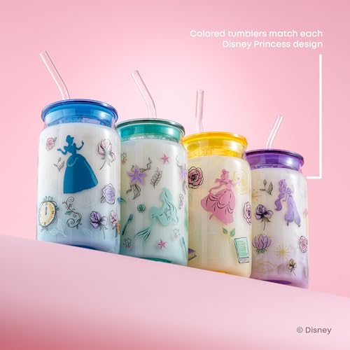 JoyJolt Disney Princess Icon Glass Tumblers with Lids and Straws, 16oz Glass Cups with Lids and Straws ft Princess Jasmine Ariel Cinderella Belle, 4pc Can Shaped Drinking Glasses, Iced Coffee Cups - style: Princess