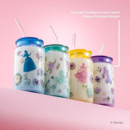 JoyJolt Disney Princess Icon Glass Tumblers with Lids and Straws, 16oz Glass Cups with Lids and Straws ft Princess Jasmine Ariel Cinderella Belle, 4pc Can Shaped Drinking Glasses, Iced Coffee Cups - style: Princess