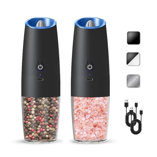 Rechargeable Gravity Salt Pepper Grinder Set, 2 Pack (Black) | Gravity Automatic Grinder With LED Light & Adjustable Roughness, Rechargeable Seasoning Tool For Kitchen Use - color: Rechargeable/Set/Black