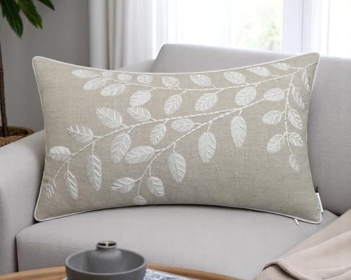 Rudransha Hand Embroidered Linen Lumbar Pillow Cover - 12x20 Natural Botanical Leaf Accent - Hazel Leaves - color: Natural-hazel, size: 20" x 12" (Pack of 1)