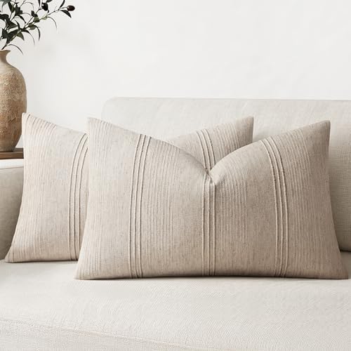 MIULEE Lumbar Striped Throw Pillow Covers 12x20 Natural Linen 2 Pack | Textured Linen Pillow Covers, Farmhouse Cushion Cases for Couch Sofa Bed Livingroom Home Decor - color: Natural Linen, size: 20" x 12" (Pack of 2)