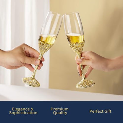 Champagne Flutes -His and Hers,Wedding Toasting Glasses for Engagement Celebrations, Bridal Shower and Registry Idea, Tall Wine Glasses for Bride and Groom Gifts,7oz (Gold New) - color: Gold New