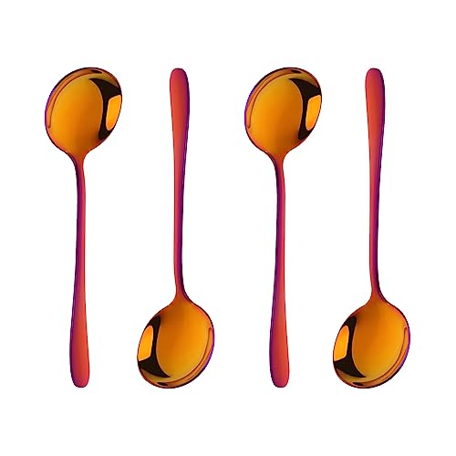 Round Stainless Steel Bouillon Spoons Soup Spoons, Stainless Steel Large Round Spoons, Heavy-Weight Round Deep Bowl Spoon Set, Dinner Metal Spoons for Soup Grain Dessert Milk - size: 4 pcs Red Orange