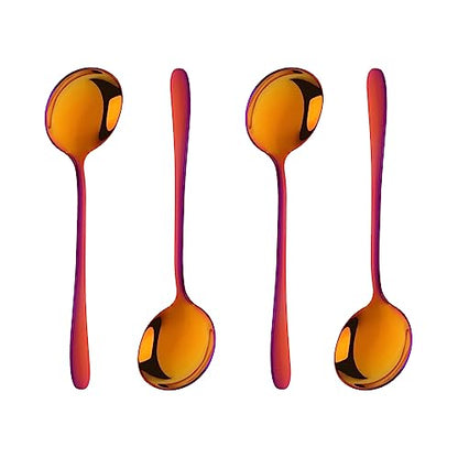 Round Stainless Steel Bouillon Spoons Soup Spoons, Stainless Steel Large Round Spoons, Heavy-Weight Round Deep Bowl Spoon Set, Dinner Metal Spoons for Soup Grain Dessert Milk - size: 4 pcs Red Orange