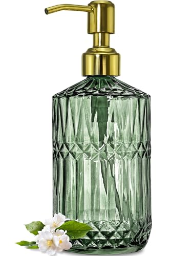 JASAI 18Oz Green Glass Soap Dispenser with Gold Rust Proof Pump, Refillable Kitchen soap Dispenser for Dish Soap, Soap Dispenser Bathroom for Hand soap, Lotion, Body Wash. - color: Green-golden Pump, size: 1Pack