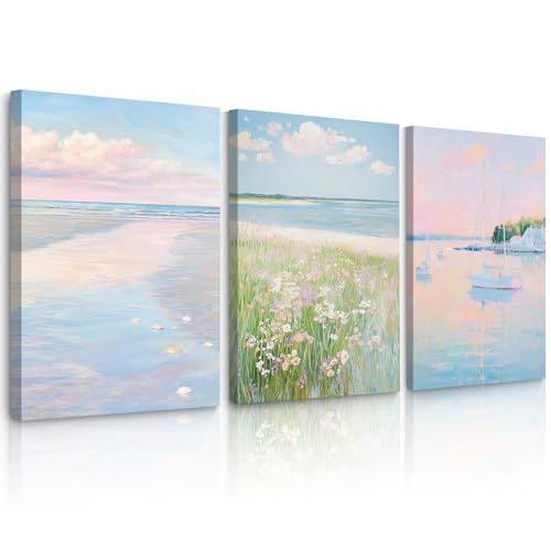 Pink Beach Wall Art Preppy Coastal Canvas Wall Decor Summer Beachy Posters Aesthetic Ocean Pictures Pastel Pink Beach Prints Painting Coastal Artwork for Living Room Bedroom 12x16x3 Inch Ready to Hang - color: Pink Coastal Art, size: 12''x16'' Wrapped Can