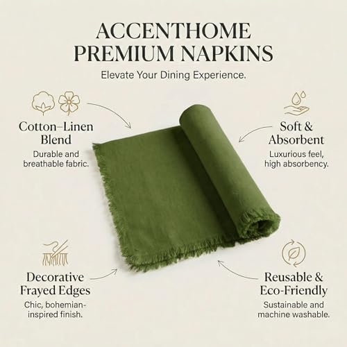 ACCENTHOME Olive Green Cotton Linen Napkin Set of 6 18x18 inch Dinner | Cotton Linen Blend Napkins, Machine Wash On Gentle Cycle, Economy Pack, Multi Purpose Use, Cotton - color: 03 - Olive Green, size: 18" x 18" (Set of 6)