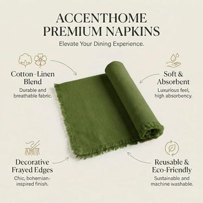 ACCENTHOME Olive Green Cotton Linen Napkin Set of 6 18x18 inch Dinner | Cotton Linen Blend Napkins, Machine Wash On Gentle Cycle, Economy Pack, Multi Purpose Use, Cotton - color: 03 - Olive Green, size: 18" x 18" (Set of 6)
