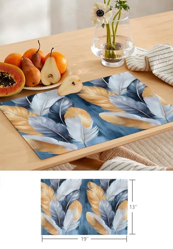 Table Runner and Placemats Set of 6 Gold White Feathers Decorative Dining Table Runner with Matching Placemats Blue Painting Table Decor for Kitchen Dining Room and Everyday Use 13x70in - size: 13"x70"+6pcs