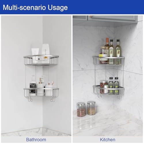 2-Tier Corner Shower Caddy, Rustproof Stainless Steel Shower Organizer and Bathroom Storage Wall Shelf, Silver