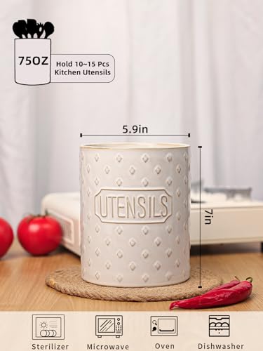 GDCZ Ceramic Utensil Holder 7 Inch, Utensil Crock for Countertop (White) | Large 7" Capacity, Sturdy Countertop Tool Organizer, Durable Ceramic, Embossed Utensils - color: White