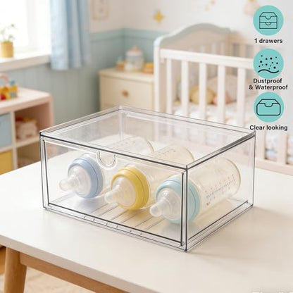 Prsildan Acrylic Makeup Organizer Stackable Clear Storage Drawers for Baby Bottles Desk Organizers for Countertop Vanity Nursery Adjustable Modular System for Cosmetics Jewelry - size: Stackable-1 Drawer