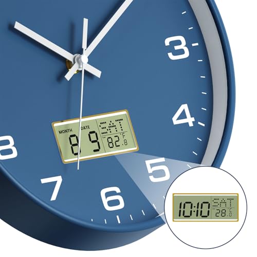 12 Inch Wall Clock, Silent Non-Ticking Analog with LCD Display, Battery Operated, Perpetual Calendar, Date, Weekday & Temperature (°C/°F), Tempered Glass for Living Room, Bedroom, Kitchen, Office