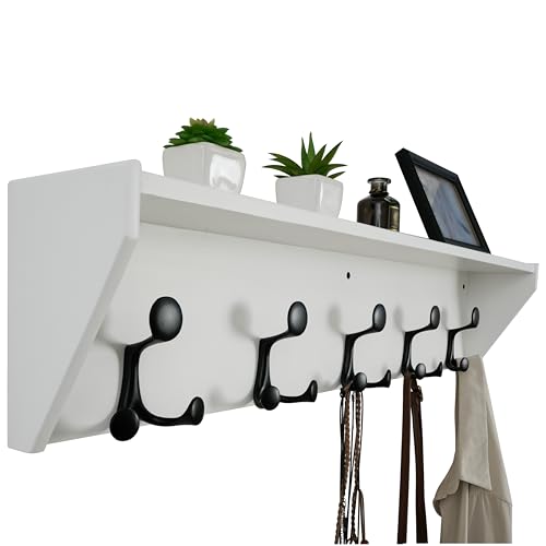 WEBI Wall Shelf with Hooks Underneath,35" Long Wall Mounted Coat Rack with Shelf,Entryway Coat Rack with 5 Triple Hooks for Hanging Coats,Jacket,Hallway,Bedroom,Mudroom,White - color: White, size: 35 Inch