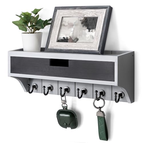 Rebee Vision Key Holder Wall Mount with Shelf for Apartment, Gray & Black | Key Holder for Wall, Mail Organizer, 6 Key Hooks, Drawer Organizer, Wall Shelf, Apartment Essentials, Home Wall Storage - color: Gray & Black, style: 1-Drawer