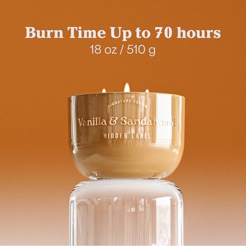 Hidden Label Vanilla Sandalwood Candle, 18oz 3 Wick, 70H Gold Bowl | Warm Amber Glass with Mirror Lid | Natural Non Toxic Soy Wax | Luxury Aromatherapy Gift for Women - color: Vanilla & Sandalwood