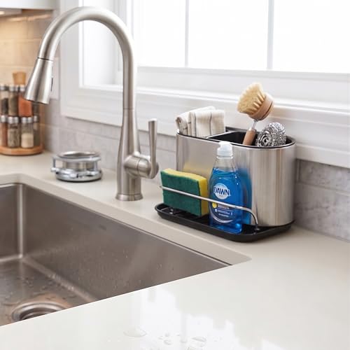 Stainless Steel Sink Caddy Sponge Holder | Kitchen Counter Organizer, Tidy Drains Water Design, Dish Brush Holder