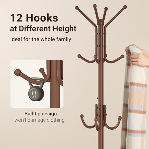 ELYKEN Coat Rack Freestanding, Metal Coat Rack with Umbrella Holder | 12 Hooks, Round Base, Heavy Duty Floor Standing Coat Tree for Entryway, Hallway, Living Room, Bedroom, Office, Brown - color: Brown