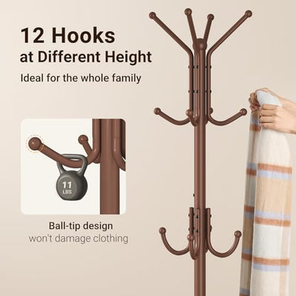 ELYKEN Coat Rack Freestanding, Metal Coat Rack with Umbrella Holder | 12 Hooks, Round Base, Heavy Duty Floor Standing Coat Tree for Entryway, Hallway, Living Room, Bedroom, Office, Brown - color: Brown