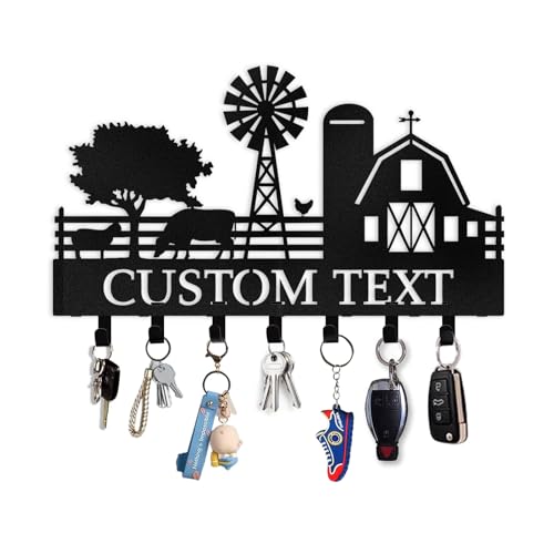 Personalized Farm Key Holder for Wall, Barn Shape Metal Key Holder Wall Mount, Custom Name Keys Rack Hanger for Farmhouse, Decorative Windmill Henhouse Tools Hooks Gifts for Farmers Family - color: Color04