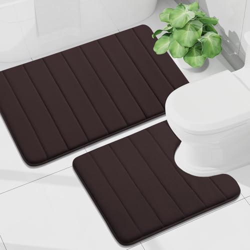 Buganda Memory Foam U-Shaped Toilet Rug Bath Mat Sets 2 Piece, 36x24+24x20 | Brown, Bathroom Mat and Contoured Toilet Rug, Machine Wash Dry, Soft Absorbent Bath Rug for Bathroom, Shower and Tub - color: Brown, size: 36" X 24"+24" X 20"