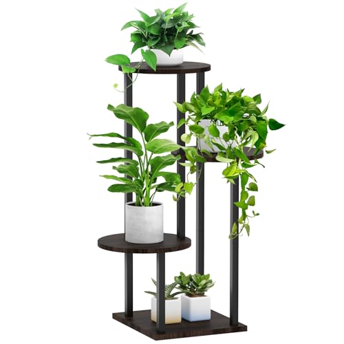 4 Tier Plant Stand Indoor, Metal Wooden Tall Plant Shelf Flower Pot Stand for Multiple Plants, Corner Flower Holder Plant Display Rack for Living Room Balcony Patio Garden (Black) - color: Black Oak, size: 4 Tier