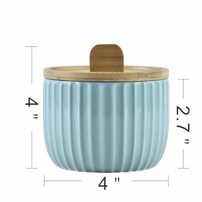 Salt Cellar Keeper with Bamboo Lid, 14oz Big Capacity Ceramic Sugar Bowls Pepper Box, Crackle Glaze Seasoning Container Condiment Pot for Kitchen (Cyan Color) - color: Cyan