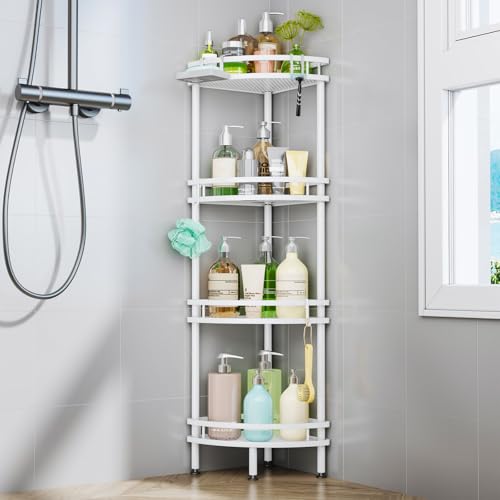 HapiRm Standing Corner Shower Caddy - 4 Tier Large Capacity, White | Shower Organizer Corner with Soap Holder and 4 Hooks, Rustproof Bathroom Storage Shelves with Adhesives - size: 4-tier