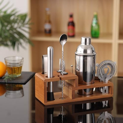 14PC Bartender Kit - Silver Cocktail Shaker Set - All Barware Essentials for Drink Mixing Includes Stand, Martini Shaker, Jigger, Strainer, Mixer Spoon, Muddler, Liquor Pourers, Touch of Mixology - color: Silver