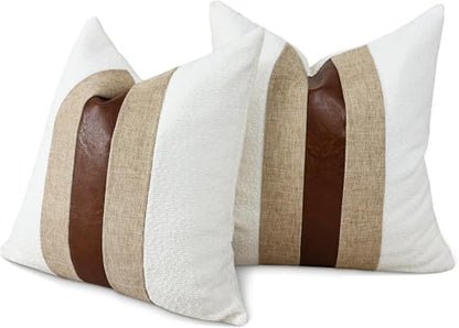 Boucle Pillow Covers with Faux Leather Accents 18"x18" Set of 2, White and Khaki Decorative Pillow Covers with Faux Linen Patchwork Modern Farmhouse Cushion Covers for Couch Sofa Bed Home | Set of 2 Modern Brown Faux Leather Pillow Covers, Boho Farmhouse