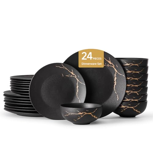 24-Piece Matte Crackle Dinnerware Sets, Black and Gold | Porcelain Plates & Bowls Set | Scratch Resistant Handcrafted Gold Luster | Microwave, Dishwasher Safe | Serves 8 | Ideal Gift - size: Service for 8 (24pcs)