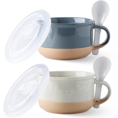 GBhome Ceramic Soup Mugs with Handles and Lids,24 OZ Soup Cups Set of 4 | Terracotta Underside,Mug Bowls with Spoon for Soup/Cereal/Salad/Noodles/Ramen/Microware &Dishwasher Safe-Grey&Beige - color: Grey&Beige