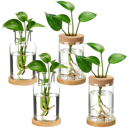 Layhit 4 Pcs Plants Propagation Stations vases Glass Planters with Wooden Lid and Bamboo Stand for Hydroponic Plants Gardening Gifts for Women Mom Home Office Tabletop Decoration(Wide Mouth Style) - style: Beautiful Home Decorations