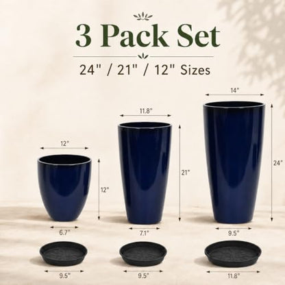 Neoaider Set of 3 Tall Planter, 24/21/12in Large Plastic Planter, Blue | Ceramic-Look, Lightweight, Built-in Drain Hole, Saucers, Tall Outdoor Planter for Porch, Garden, Patio, Balcony - color: Blue