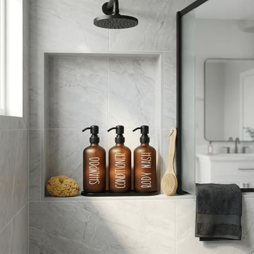 MOMEEMO Amber Shampoo and Conditioner Bottles with Tray | Shower Bottles Refillable with Labels, Hotel Shampoo and Conditioner Dispenser for Shower, Body Wash Container with Pump - color: Amber Black