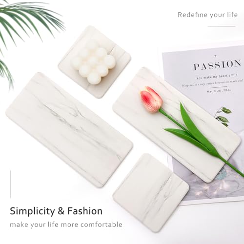4 Water Absorbing Stone Drying Tray Bathroom Sink Kitchen Counter Soap Dish | Small Diatomite Toothbrush Holder Quick Dry Mat Marble Bathroom Vanity Trays Diatomaceous Earth Dish Coaster Kitchen Counter - color: White Marble