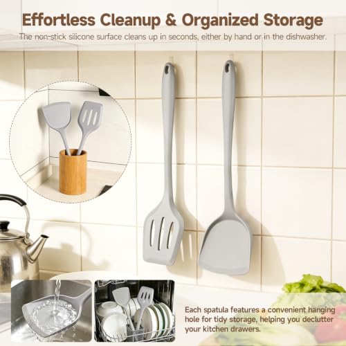 2-Pack Silicone Spatula Set, Heat Resistant Spatulas for Baking & Mixing, BPA-Free Solid & Slotted Turner for Non-Stick Pans, Kitchen Utensils for Scraping, Sauteing and Flipping (Light Gray) - color: Light Gray