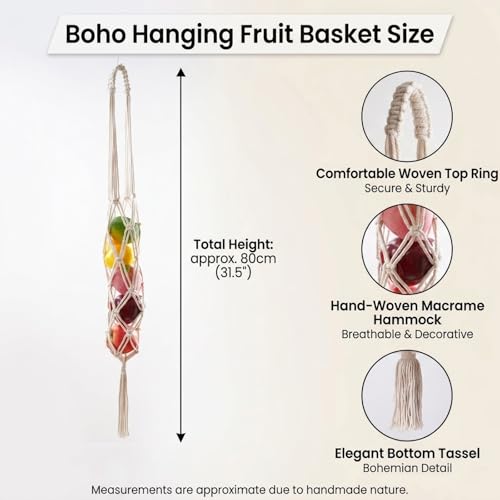 2 Pack Cotton Rope Hanging Fruit Basket - 3 Tier Storage Organizer for Kitchen, Macrame Plant Hanger, Decorative Boho Style Produce Holder with Hooks and Screws for Plants, Vegetable, Onion, Potato