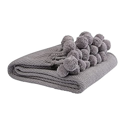Main + Mesa Woven Cotton Pom Pom Throw - color: Graphite