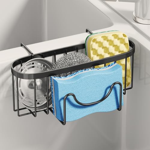 SWTYMIKI Sponge Holder for Kitchen Sink - Movable Kitchen Sink Caddy with M Shape Hook Stainless Steel Hanging Sponges Caddy Organizer in Double Bowl Sinks Depth>3.15in, Middle Divider<1.5in, Black L - color: Black-large