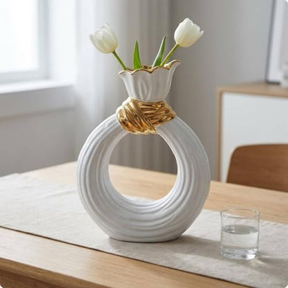 Circular Shaped Ceramic Vase White Glazed Ribbed Ceramic Vase Table Decoration for Tabletop, Floral Display, L 17cm W 6.5cm H 24cm - size: L 17cm W 6.5cm H 24cm